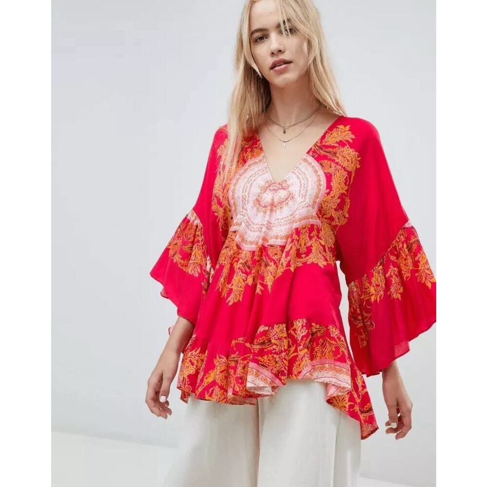 Free People Sunset Dreams Ruffle‎ Bell Sleeve V-Neck Tunic Top Shirt Size Small